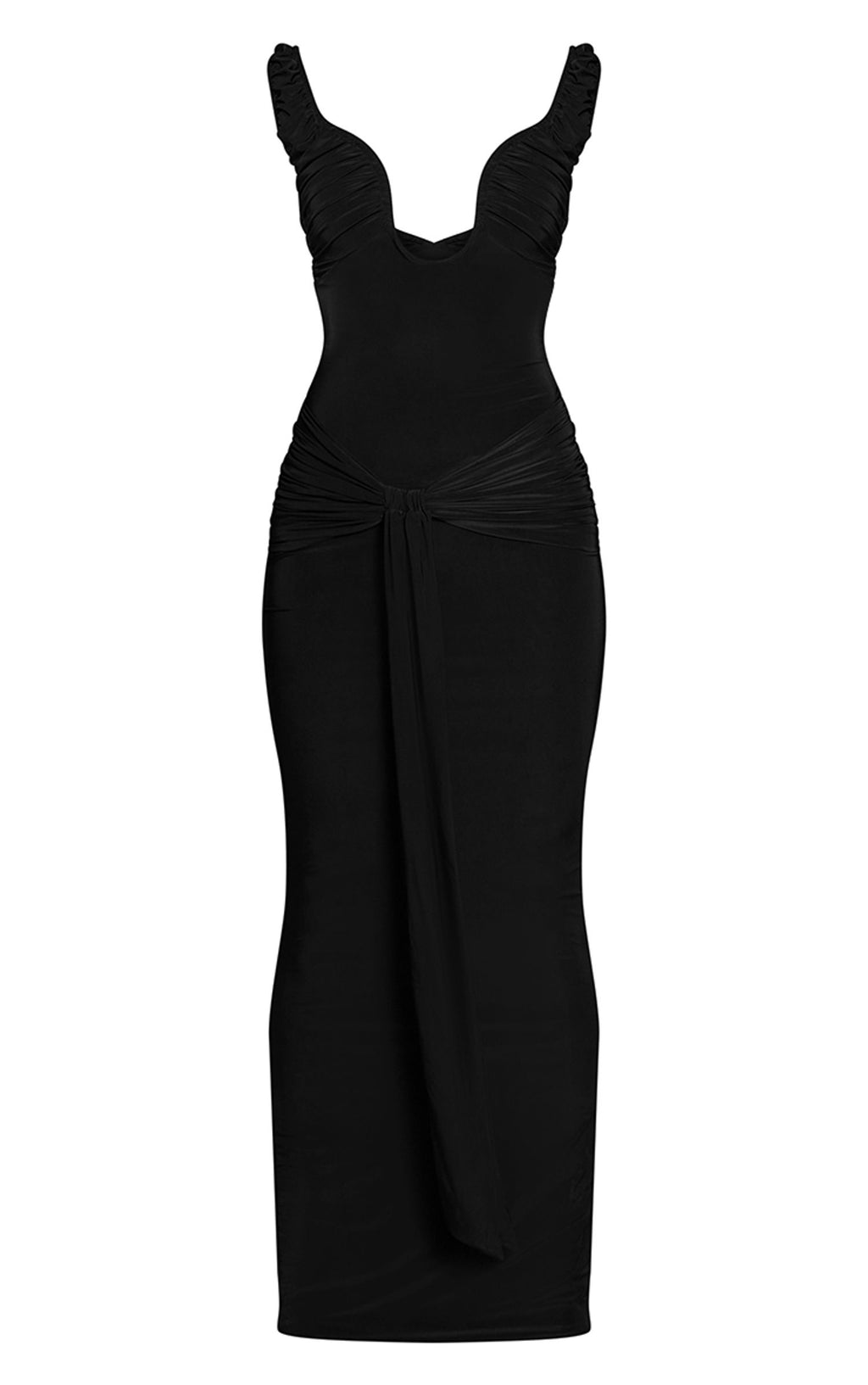 Figurbetontes Maxi-Kleid Mit Tiefem Ausschnitt Und Verstärkter Struktur Aus Geschmeidigem Material – Schwarz