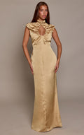 Geblümtes Satin-Maxikleid Mit Raffung Und Schlüssellochausschnitt Ohne Ärmel – Chartreuse