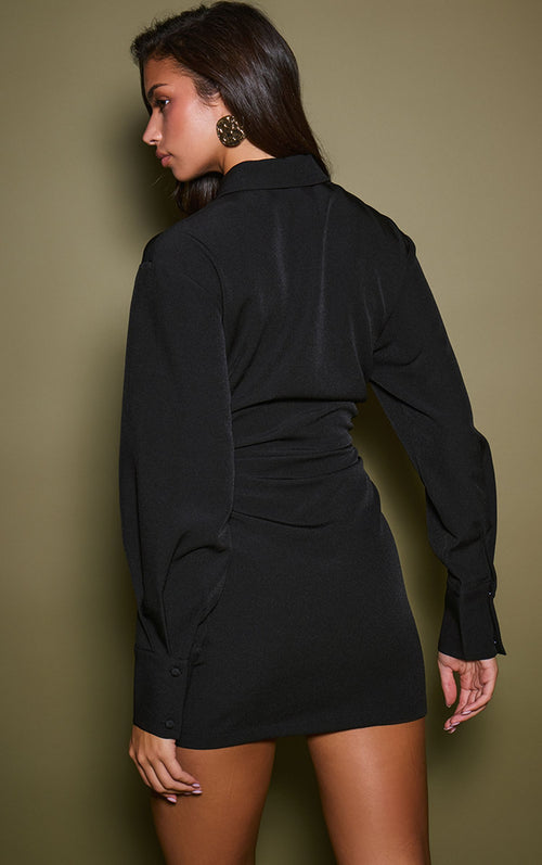 Gewebtes Langärmliges Hemdkleid Mit Raffung Und Knopfleiste In Mini-Länge – Schwarz