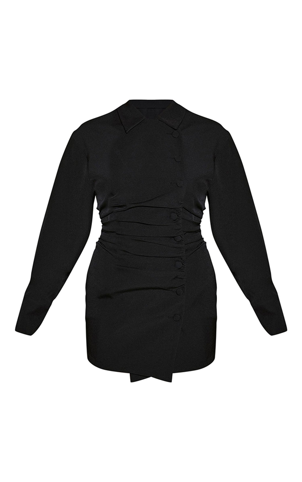 Gewebtes Langärmliges Hemdkleid Mit Raffung Und Knopfleiste In Mini-Länge – Schwarz