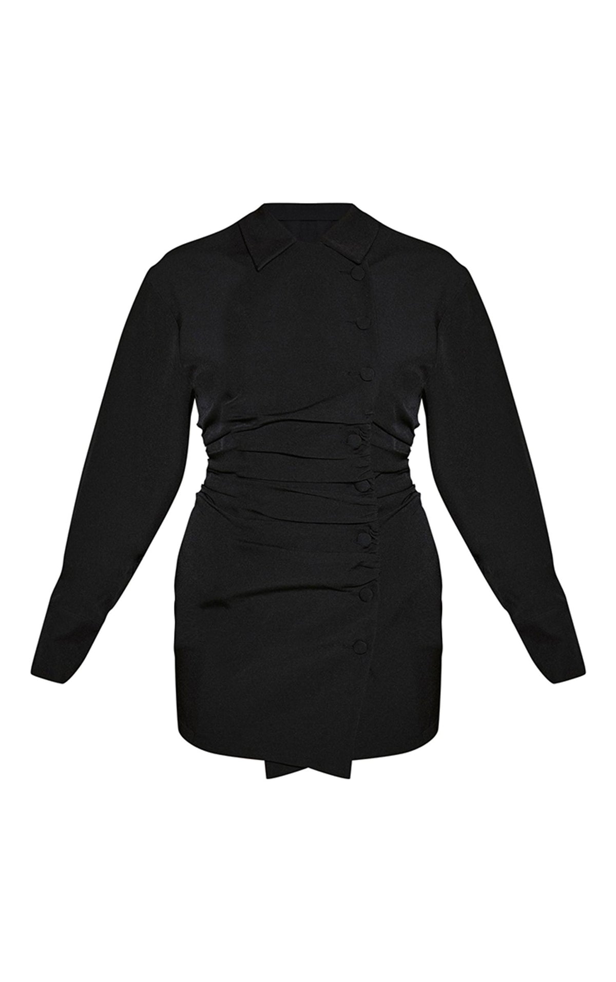 Gewebtes Langärmliges Hemdkleid Mit Raffung Und Knopfleiste In Mini-Länge – Schwarz