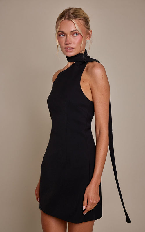 Gewebtes Asymmetrisches Minikleid Mit Schaldetail – Schwarz