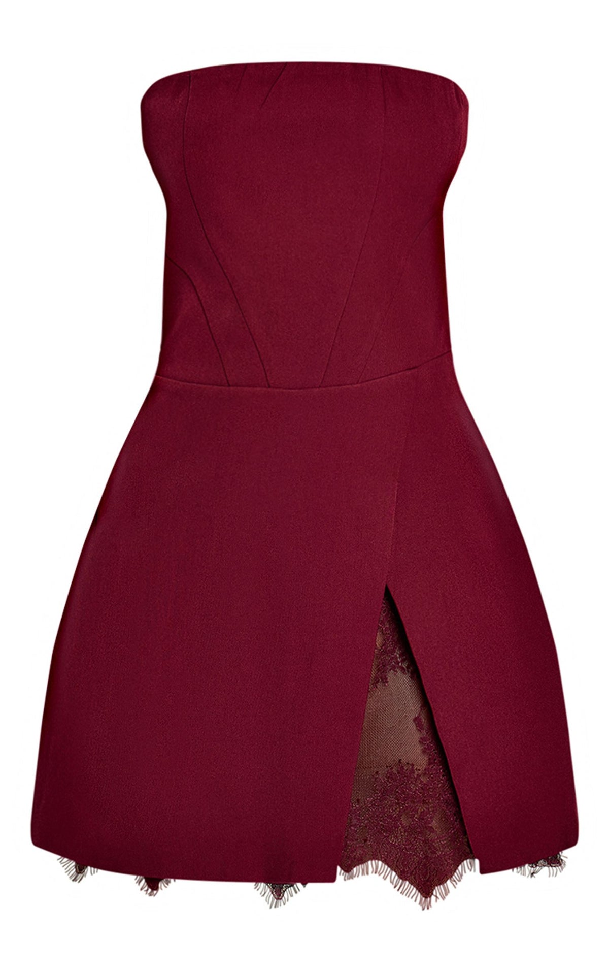 Gewebtes Korsett-Bandeau-Kleid In A-Linie Mit Spitzendetail – Wein