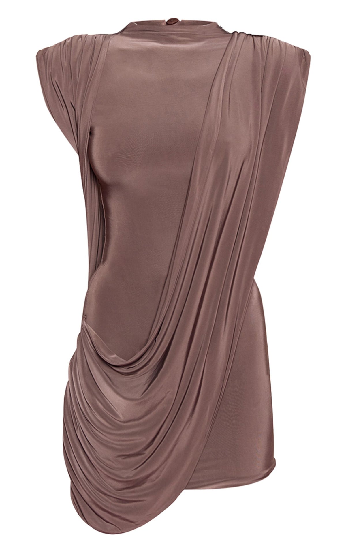 Doppellagiges Figurbetontes Schultergepolstertes Drapiertes Minikleid – Dunkles Mokka