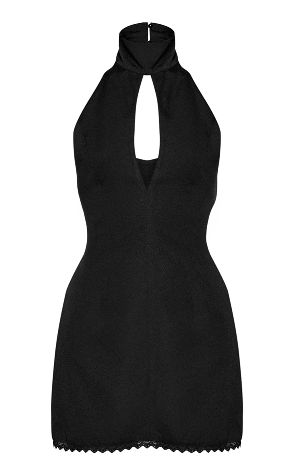 Gewebtes Ärmelloses Mini-Kleid Mit Schlüsselloch-Ausschnitt Und Spitzenbesatz – Schwarz