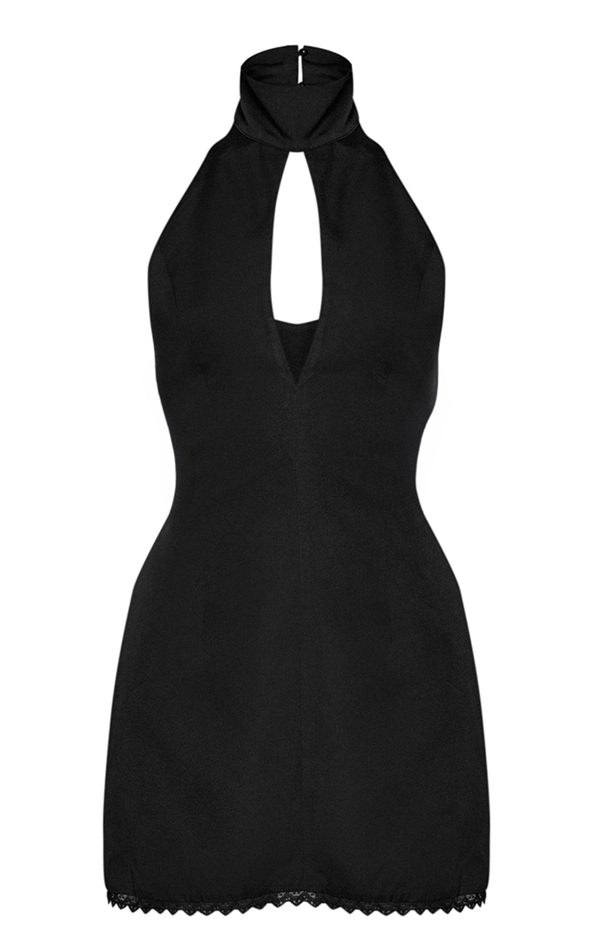 Gewebtes Ärmelloses Mini-Kleid Mit Schlüsselloch-Ausschnitt Und Spitzenbesatz – Schwarz