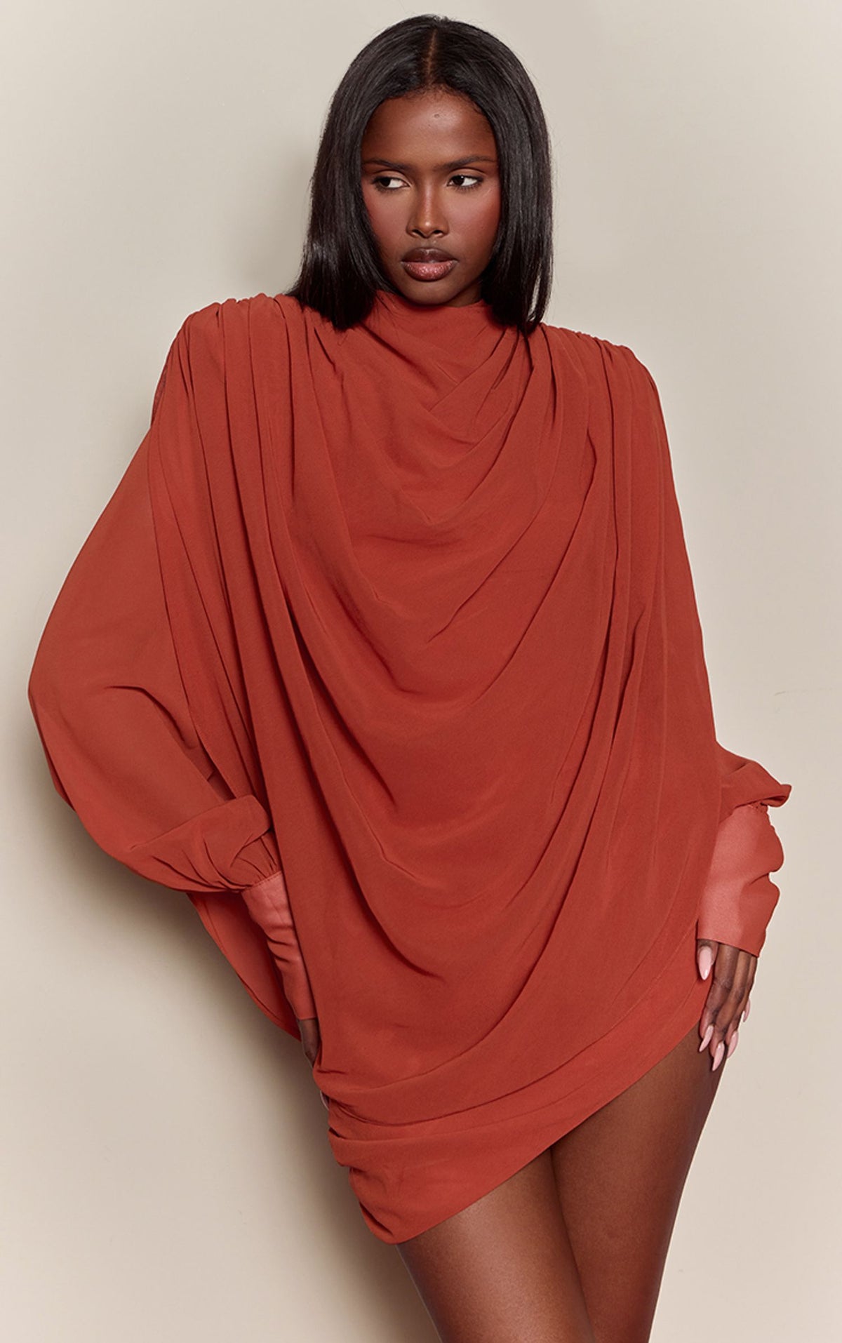 Chiffon Drapiertes Langarm Mini Kleid – Gebranntes Orange