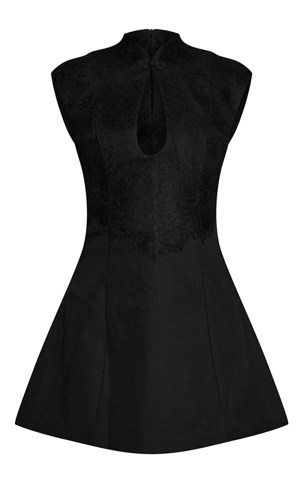 Gewebtes A-Linien-Kleid Mit Spitzeneinsatz Und Schlüssellochausschnitt – Schwarz