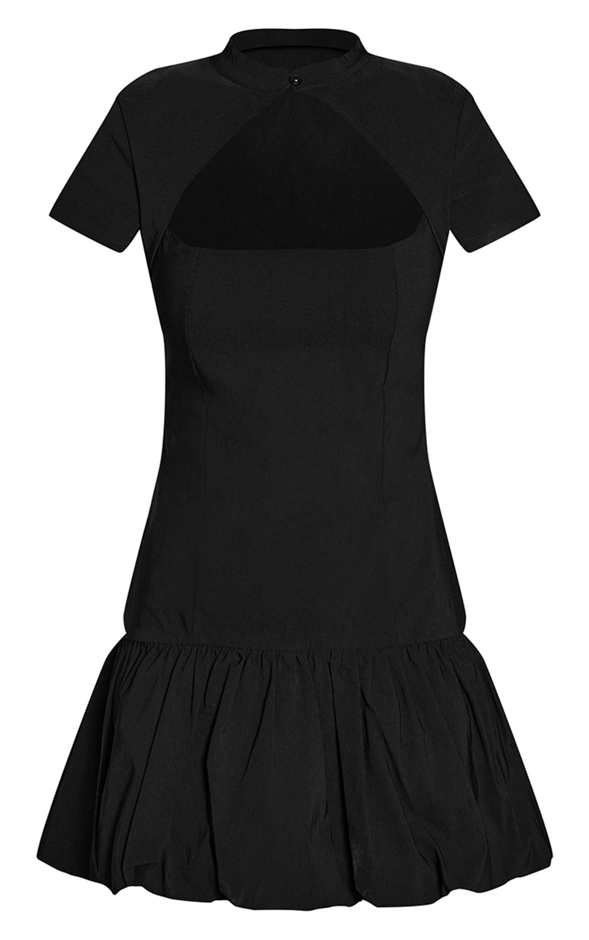 Gestrecktes Gewebtes Minikleid Mit Schlüsselloch-Ausschnitt Und Ballonrock – Schwarz