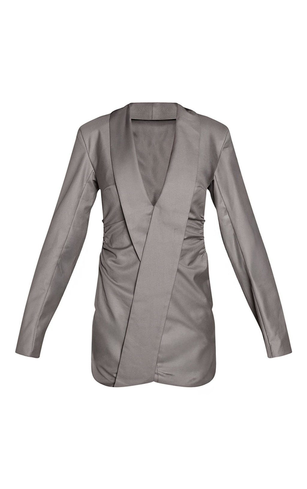 Tailliertes Gewebtes Revers Drapiertes Gerafftes Sakko-Kleid – Grau
