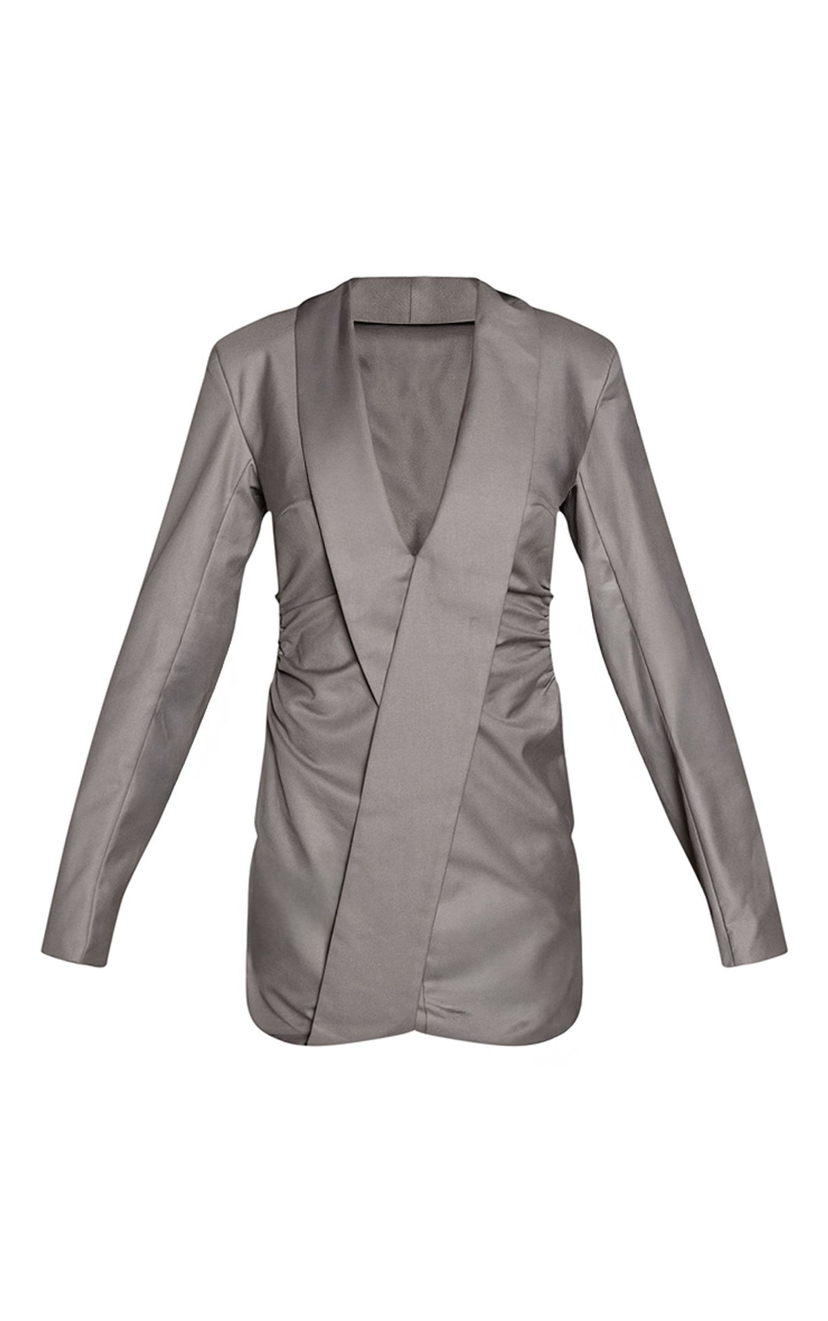 Tailliertes Gewebtes Revers Drapiertes Gerafftes Sakko-Kleid – Grau