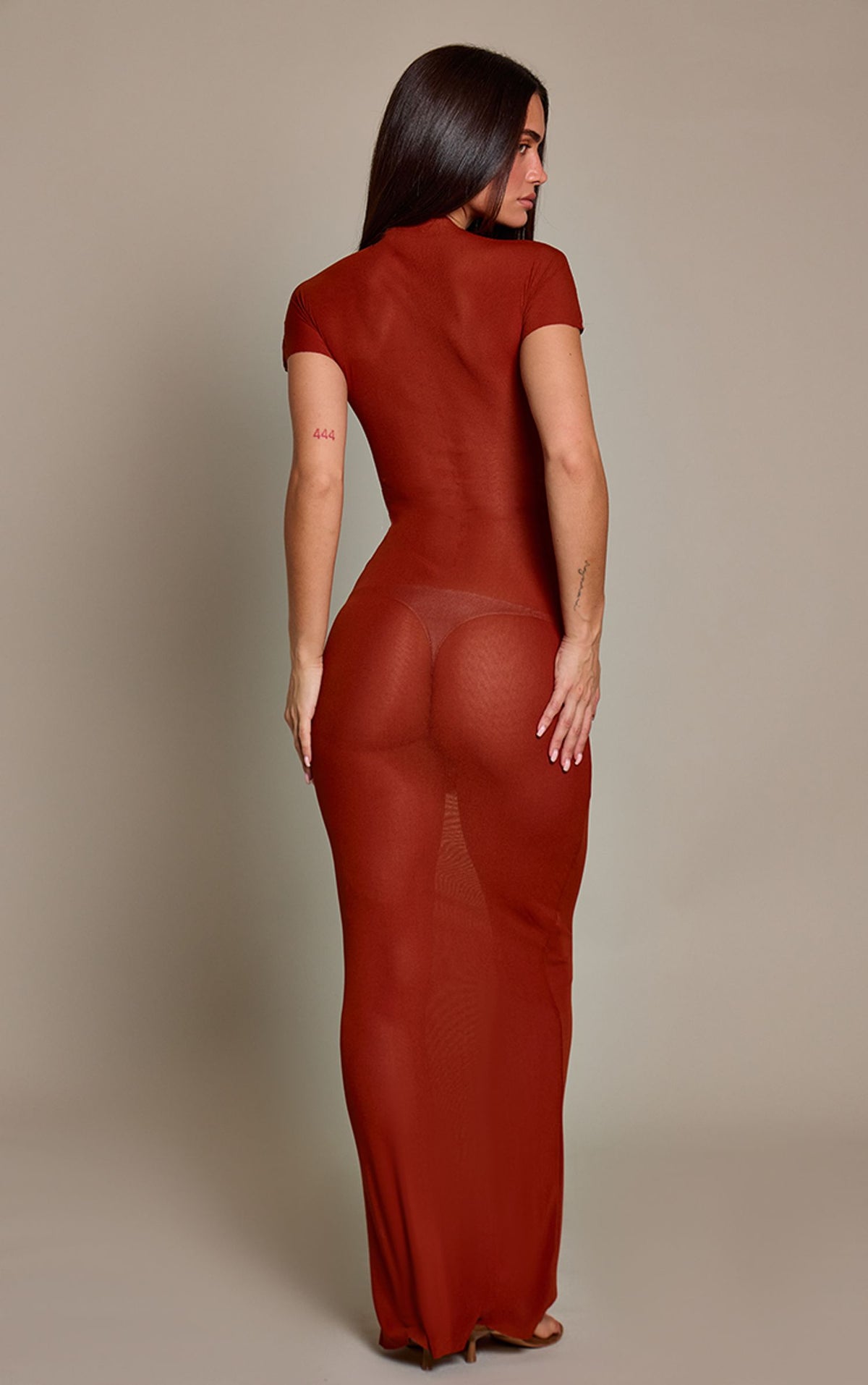 Durchsichtiges Netzstoff Kurzarm Unterkleid Maxikleid – Rost