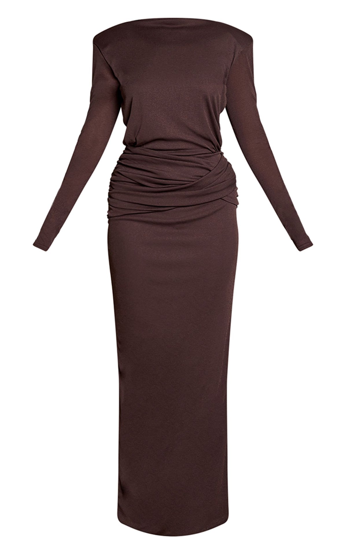 Chiffon-Maxikleid Mit Langen Ärmeln, Schulterpolstern Und Offenem Rücken – Schokolade