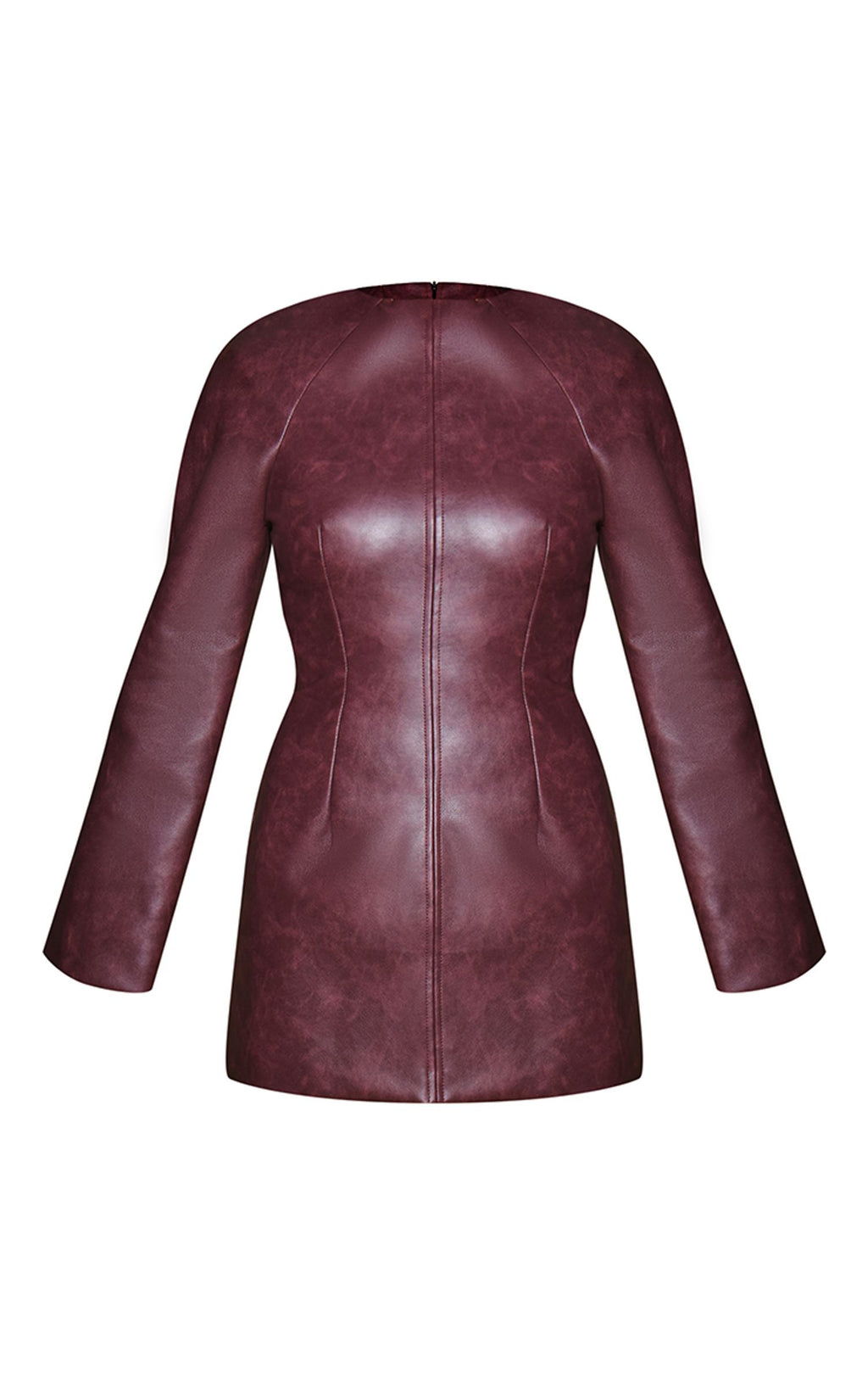 Gewaschenes Kunstleder-Minikleid Mit Schulterpolstern Und Taillierter Silhouette – Burgunder
