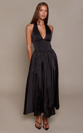Strukturiertes Satin-Neckholder-Korsett-Maxikleid – Schwarz