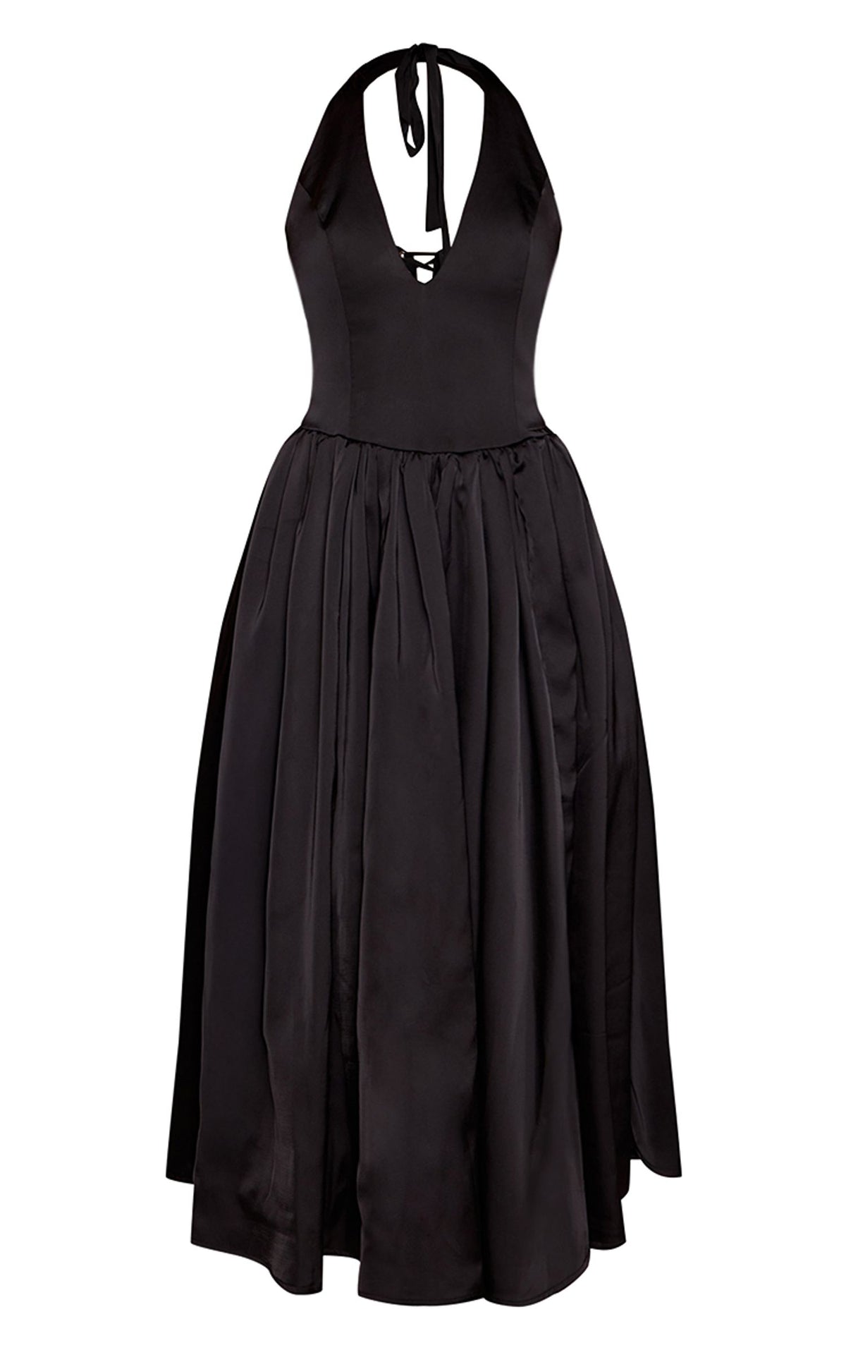 Strukturiertes Satin-Neckholder-Korsett-Maxikleid – Schwarz